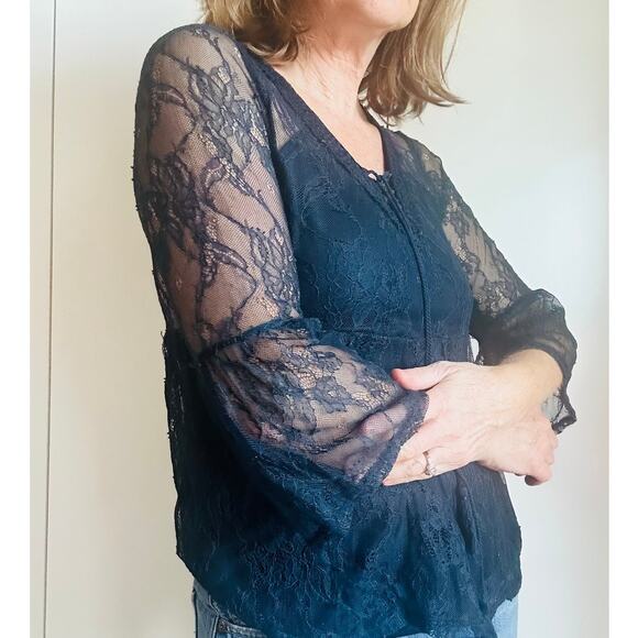 Lace Bohemian Lace Top Size Large whimsy Goth Large Dark Blue - Picture 7 of 10